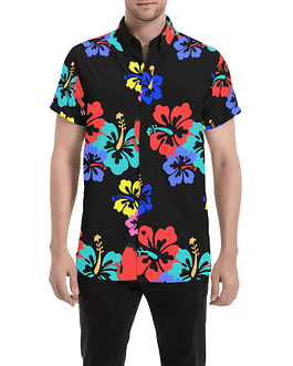 Colorful Hibiscus Pattern Men’s  Shirt (Black)